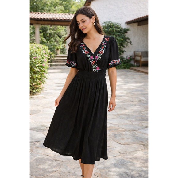 Tommy Bahama Dresses & Skirts - Tommy Bahama Black Floral Embroidered Wrap Midi Dress XL TSW15032C